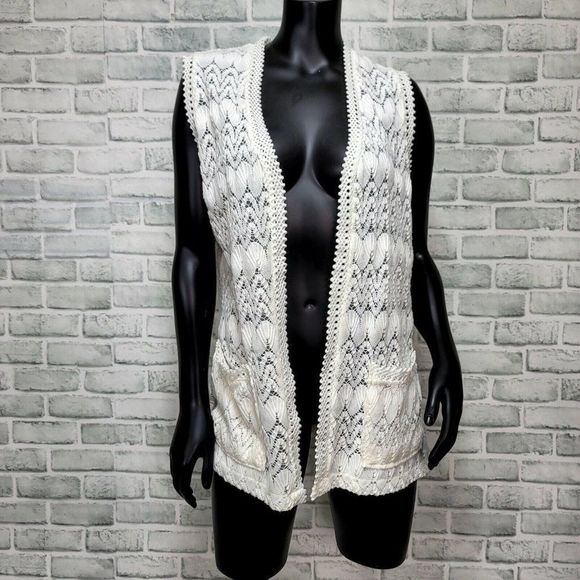 Vintage 70s 80s Finest Quality‎ Knitwear White Open Knit Vest Duster Cardi Boho - Picture 1 of 6